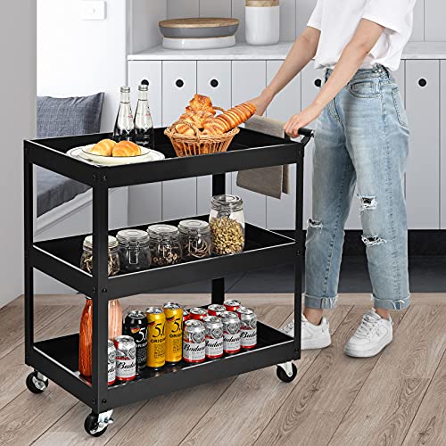 3 Tier Rolling Cart, Utility Cart on Wheels with 330lbs Load Capacity & Ergonomic Handle, Tool Cart Organizer Service Carts for Garage, Office, Library, Workshop (Black) - size: 2.5" Wheels