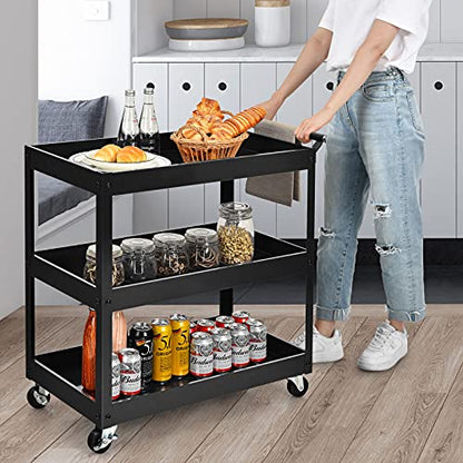 3 Tier Rolling Cart, Utility Cart on Wheels with 330lbs Load Capacity & Ergonomic Handle, Tool Cart Organizer Service Carts for Garage, Office, Library, Workshop (Black) - size: 2.5" Wheels