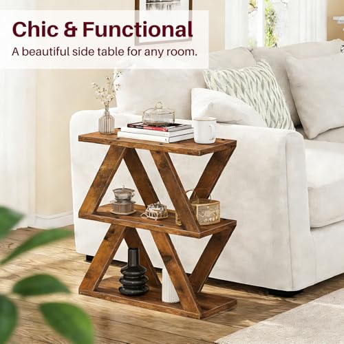 Set of 2 Side Table, 3 Tier Side Table with Side Guard Rails & Anti-Slip Pads, Narrow End Table for Small Spaces, Slim Nightstand with Storage Shelves for Bedroom, Living Room, Rustic Brown - color: Rustic Brown