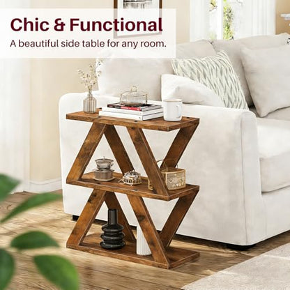 Set of 2 Side Table, 3 Tier Side Table with Side Guard Rails & Anti-Slip Pads, Narrow End Table for Small Spaces, Slim Nightstand with Storage Shelves for Bedroom, Living Room, Rustic Brown - color: Rustic Brown