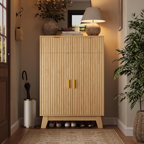 Fluted Shoe Cabinet, 4-Tier Mid Century Modern Narrow Shoe Storage Cabinet with Doors & 2 Drawers, Adjustable Shelves, Freestanding Hidden Shoe Rack Organizer & Wooden Legs for Entryway - color: Oak, style: 2 Doors & 2 Drawers