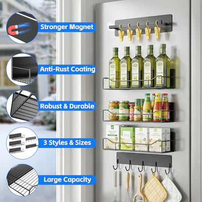 Magnetic Shelves for Washing Machine, 5 Pack Heavy Duty Laundry Shelf Organizer with Hooks, Strong Magnetic Storage Rack for Washer, Dryer, Refrigerator & Kitchen Laundry Organizer (Black)