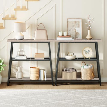 HOOBRO 30" Narrow Console Table, 3-Tier Small Entryway Table with Storage Shelves, Behind Couch Sofa Table, Hallway Table for Entryway, Foyer, Hallway, Living Room, Greige and Black BG62XG01 - color: Greige + Black