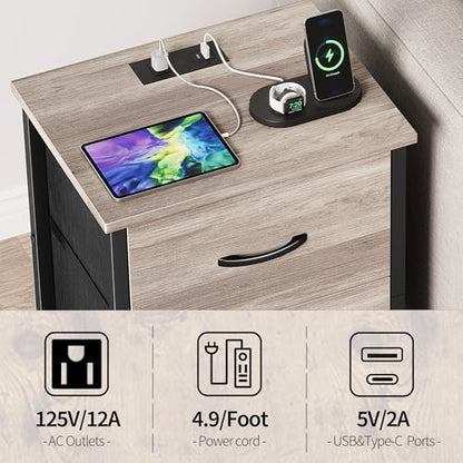 Vagusicc Nightstand with Charging Station, Bedside Table with USB Ports and Outlet, End Table Side Table with 2 Fabric Drawers for Bedroom, Living Room, Greige - color: Greige (1 Pack)