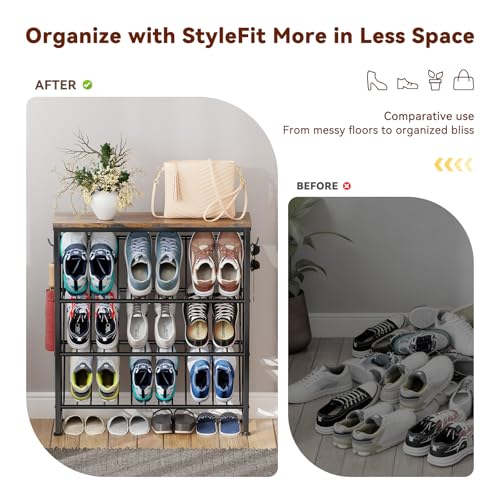 Narrow Shoe Rack, 4 Tier Slanted Metal Shoe Organizer for Small Space, Bench Shoe Storage Shelf for Entryway, Closet, Rustic Brown