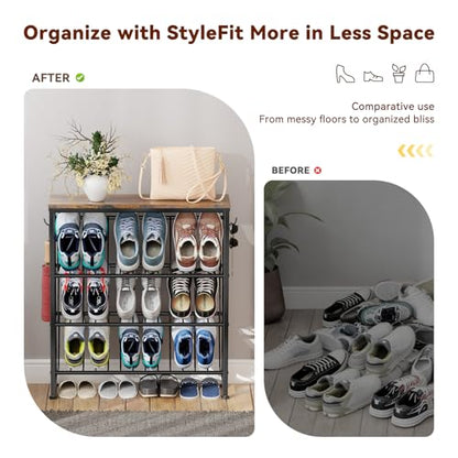Narrow Shoe Rack, 4 Tier Slanted Metal Shoe Organizer for Small Space, Bench Shoe Storage Shelf for Entryway, Closet, Rustic Brown