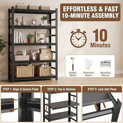 5 Tier Metal Bookshelf with Anti-Drop Fence, 72" H Adjustable Tall Bookcase, Heavy Duty 3000 LBS Modern Deep Book Shelf, Bolt-Free Storage Shelves for Living Room, Home Office, Garage - size: Upgraded-36"W x 16"D x 72"H