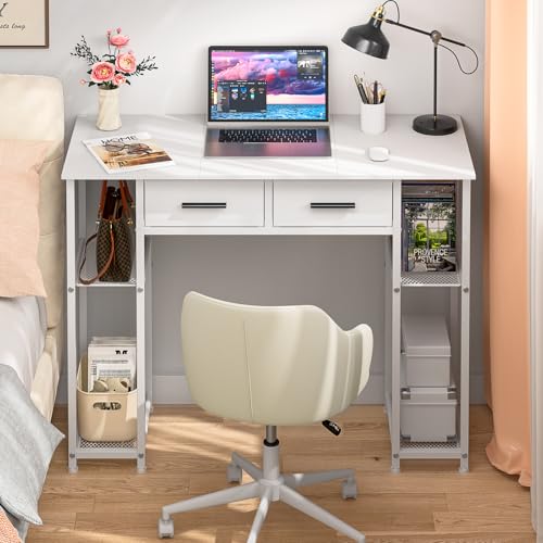 DAOUTIME White Computer Desk with Drawers, 37.3 Inch Home Office Work Desk with Storage Shelf, Kids Teens Study Table for Small Space, Small Writing PC Table for Bedroom Makeup Vanity Desk - color: White