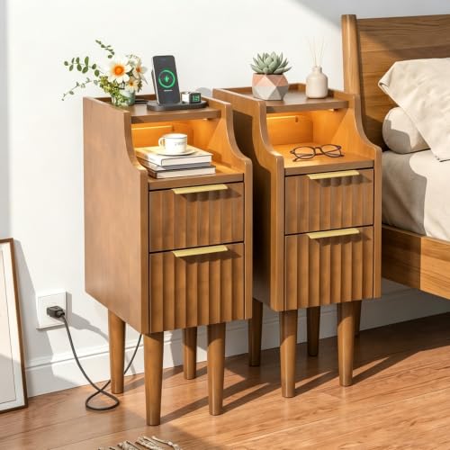 9.7" Narrow Nightstand Set of 2, Solid Wood Nightstand with Charging Station - color: Walnut 2 Pcs