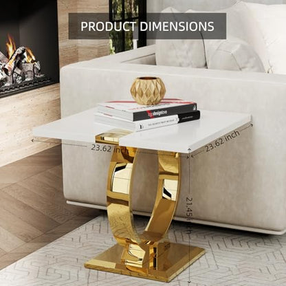 Asday 2026 Gold End Table Set of 2, 23" Modern Luxury Sofa Side Table with Polished Metal U-Base, Square White and Gold End Table for Living Room, Sofa Couch, Bedroom, Office - color: White and Gold, size: Set of 2