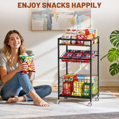Fruit Vegetable Cart, 3-Tier Snack Cart on Wheels & Wood Top, Brown | Vegetable Rack For Kitchen, Kitchen Cart Organizer for Fruit, Vegetables, Potato, Snack - color: Brown, style: 3-Tier