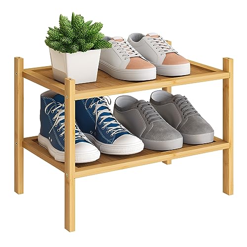 BMOSU 2-Tier Bamboo Small Shoe Rack Premium Stackable Shoe Shelf Storage Organizer for Hallway Closet Living Room Entryway Organizer(Natural) - color: Natural, size: Small-2-Tier（17*11*12.6inches）
