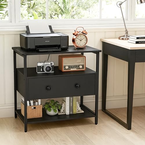 Edbuosy 27 Inch Wide Night Stand with Charging Station, Wood Nightstand with Open Shelf, Large Drawer Bedside Table for Living Room/Bedroom/Office, Black - color: Black, size: 27"W-1 Drawer