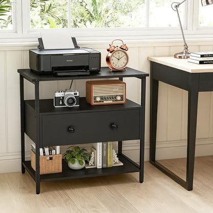 Edbuosy 27 Inch Wide Night Stand with Charging Station, Wood Nightstand with Open Shelf, Large Drawer Bedside Table for Living Room/Bedroom/Office, Black - color: Black, size: 27"W-1 Drawer