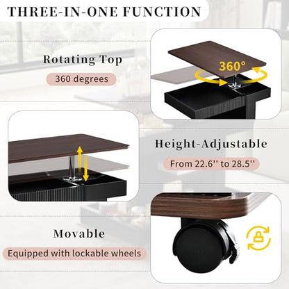 Merax Adjustable End Table with Wheels, Modern Multifunctional Sofa Side Table with Lift-Top, 360°Rotating Top and Storage Space for Living Room, Small Space, Black+Brown - color: Black+brown