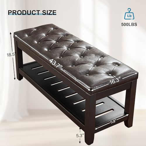 44" Entryway Bench with Shoe Storage, End of Bed Bench, Upholstered Ottoman Storage, 500 LBS Capacity for Entryway, Living Room, Hallway - color: Dark Brown(pu)-1