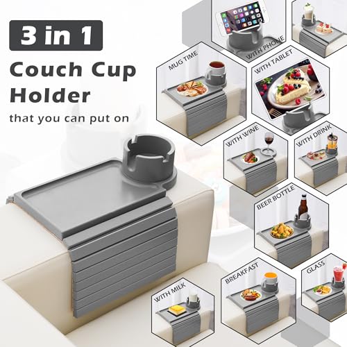 GHKINMAL Couch Cup Holder Tray, Large Couch Arm Table with 360° Ratated Phone Holder, 3 in 1 Bamboo Sofa Armrest Tray with Anti-Slip Couch Organizer for Remote,Cellphone,Snacks - color: Gray