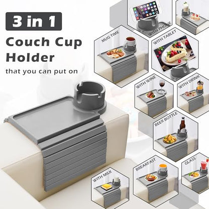 GHKINMAL Couch Cup Holder Tray, Large Couch Arm Table with 360° Ratated Phone Holder, 3 in 1 Bamboo Sofa Armrest Tray with Anti-Slip Couch Organizer for Remote,Cellphone,Snacks - color: Gray