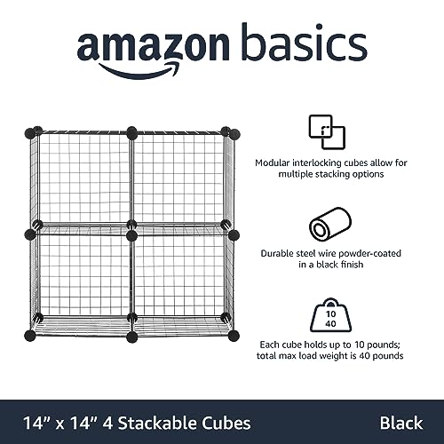 Amazon Basics 4 Cube Wire Grid Storage Organizer, Closet Organizer and Shelves, Stackable, Space-Saving, Easy to Assemble, 14"x14"x14", Black - color: Black