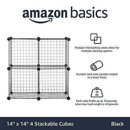 Amazon Basics 4 Cube Wire Grid Storage Organizer, Closet Organizer and Shelves, Stackable, Space-Saving, Easy to Assemble, 14"x14"x14", Black - color: Black