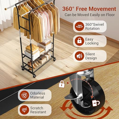 Clothes Rack with 3-Level Height Adjustment - Double Rod Extendable Hanging Rails with Wooden Finials, Luxury 2-Tier Metal Storage Shelves - Sturdy Wardrobe Rack for Closet, Bedroom or Laundry - color: 2-Tier (68.5 H")