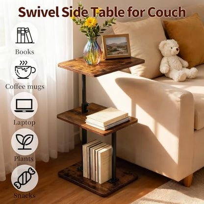 2-Pack Swivel Side Table Adjustable Height with 360°Rotatable Tray | 3-Tier End Table Space Saving Nightstand with Storage Shelf for Small Spaces, Living Room, Bedroom - size: 2pcs