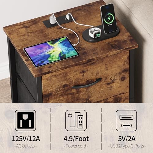 Vagusicc Nightstand Set of 2 with Charging Station, End Table Bedside Table with Power Outlet & USB Ports, Side Table with 2 Fabric Drawers for Bedroom, Living Room, Rustic Brown - color: Rustic Brown (2 Pack)