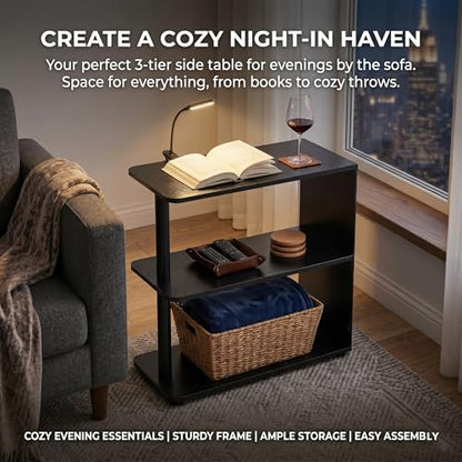 3-Tier Narrow End Table, Industrial Slim Side Table for Small Spaces, Sofa Couch Table Accent Nightstand with Storage Shelves for Living Room, Bedroom, 22.5" L x 10" W x 21.5" H, Black - color: Black