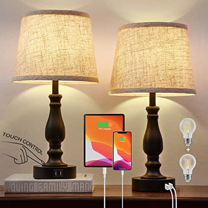 EJIAXIN Table Lamps Set of 2, Bedside Nightstand Lamps with USB Charging Ports,Dimmable Touch with Linen Fabric Lampshade, Modern Small Lamp for Bedrooms, Living Room (Bulbs Included) - color: Beige Shade and Black Base