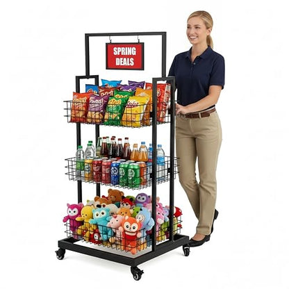 3-Tier Metal Wire Basket Display Cart with Lockable Casters and Blank Sign Holder Multipurpose Storage Rack for Snack Candy Fruit Bakery Convenience Store Kitchen Pantry
