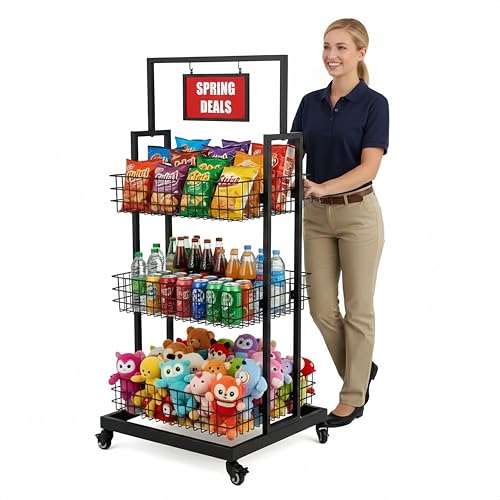 3-Tier Metal Wire Basket Display Cart with Lockable Casters and Blank Sign Holder Multipurpose Storage Rack for Snack Candy Fruit Bakery Convenience Store Kitchen Pantry