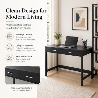 4NM 39.4" Small Desk with Wood Drawers, Home Office Computer Desk with Wooden Legs, Study Writing Table Vanity Desk for Small Spaces - Black