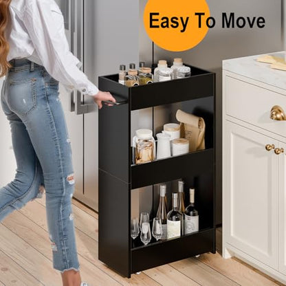 MARTY Slim Rolling Storage Cart 7.9" W Laundry Cart with Wheels,Wood, Black | Narrow Utility Cart Between Washer and Dryer, 3 Tier Mobile Shelving Unit for Kitchen, Laundry, Bathroom, Office, Living Room - color: Black