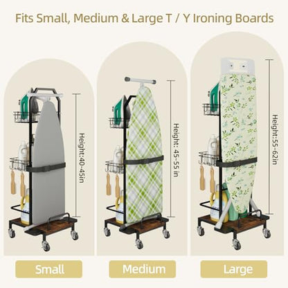 Ironing Board Holder Cart for Small & Narrow Laundry Rooms, Freestanding Iron & Ironing Board Storage Rack for T & X Boards with 3-Tier Shelves, Rolling Metal Wheels, Hooks, No Wall Mount