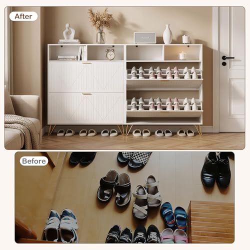 JOZZBY Shoe Cabinet Storage with 2 Striped Flip Drawers, Freestanding Slim Shoe Organizer Cabinet with Top Shelves, Narrow Shoe Rack for Entryway, Hallway, Living Room, White - size: Striped