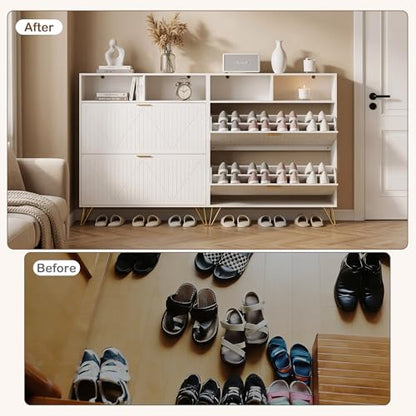 JOZZBY Shoe Cabinet Storage with 2 Striped Flip Drawers, Freestanding Slim Shoe Organizer Cabinet with Top Shelves, Narrow Shoe Rack for Entryway, Hallway, Living Room, White - size: Striped