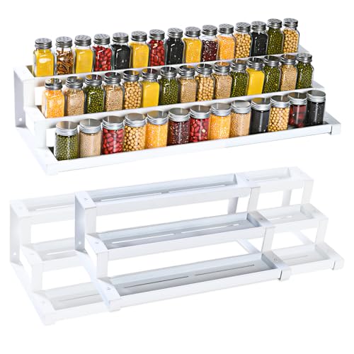 Expandable Spice Rack Organizer for Cabinet, 3 Tier Metal Spice Organization,16"-29.5" Wide Adjustable Seasoning Organizer, Display Shelf, Canned Goods Organizer for Pantry Kitchen Countertop, White - size: Large-White- Fits 10.9" Deep Cabinet