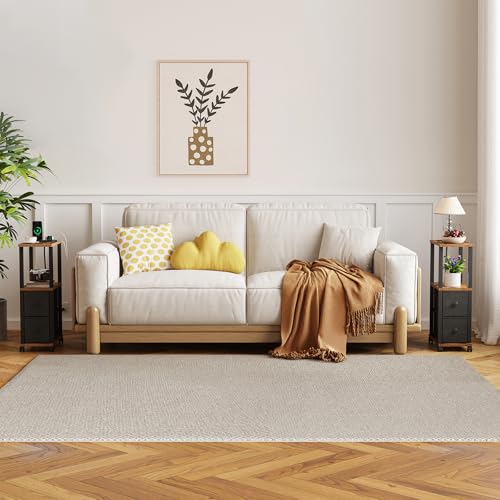 TUTOTAK Small Narrow End Tables, Side Tables with 2 Fabric Drawers, Set of 2, Bedside Tables with Charging Station for Small Spaces, Slim Nightstands with USB Ports and Wheels, TB01BB053 - color: Brown, style: with Outlets