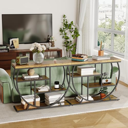 Garvee Entryway Table with Storage, Industrial 4-Tier Narrow Console Table Behind Couch with Half-Circle Base & Storage Shelves for Living Room, Hallway, Foyer - color: Rustic Brown