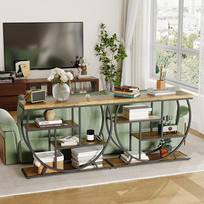 Garvee Entryway Table with Storage, Industrial 4-Tier Narrow Console Table Behind Couch with Half-Circle Base & Storage Shelves for Living Room, Hallway, Foyer - color: Rustic Brown