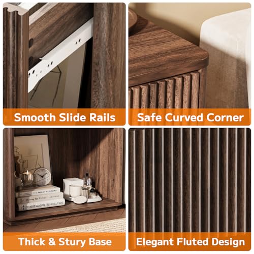 Modern Fluted Nightstand Set of 2 for Bedroom, Mid Century Bedside Table with Drawer & Open Shelf, Wood End Table, Farmhouse Night Stand for Home, Hallway, Office, Walnut - color: Walnut