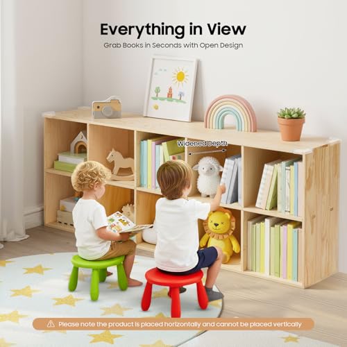 10-Cube Solid Wood Bookshelf, 2-Tier Storage Organizer Semi-Open Floor Display Shelf Closet Cabinet for Home Office Library School, 12" D x 59" W x 24" H - size: 10-Cube