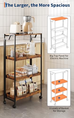 Jojoka No Assembly Folding Kitchen Cart with Wood Top, 4 Tier Collapsible Rolling Utility Cart on Wheels, Industrial Mobile Kitchen Island Storage Cart for Small Spaces, RV and Pantry, Rustic Brown