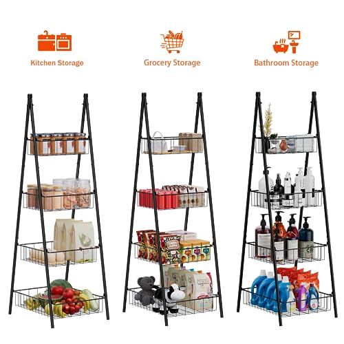Wire Basket Stand for Kitchen and Bathroom 4 Tier Fruit Storage Basket Metal Floor Standing Vegetable Holder, Black