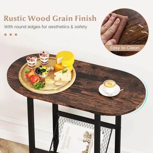 Giantex Oval Narrow Side Table, Set of 2 Small End Table with Magazine Rack Sling Holder Pouch, Industrial Nightstand, Bedside Tables for Living Room Bedroom Couch Small Spaces, Rustic Brown & Black - color: Rustic Brown & Black