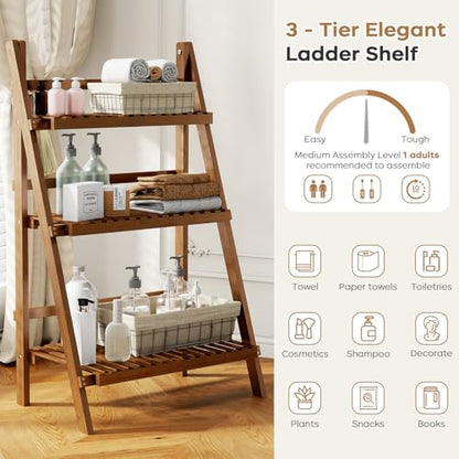 39.4" Bamboo Ladder Shelf Plant Shelf, 3 Tier Foldable Ladder Flower Pot Display Shelf Rack, 23.6"W x 15"D x 39.4"H, Freestanding Bookshelf for Garden, Balcony, Yard, Patio, Lawn, Living Room, Walnut - color: 3-tier Walnut