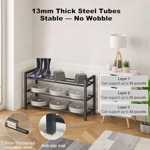 3-Tier Expandable Metal Shoe Rack for Closet & Entryway, Shoe Organizer | Shoe Storage • Adjustable Width • Holds 6–9 Pairs • Heavy-Duty Steel • Space-Saving Design • Tool-free • Easy Assembly - size: 3 Tiers