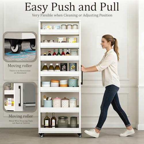 Rolling Spice Rack Next To Side Of Fridge Storage Slim Narrow Shelf Lightweight 7 Tier Wooden Storage Cart For Kitchen , Dining Room, Bathroom, Small Spaces (White, 72.4"H x 9.8"W x 21.6"D) - color: White