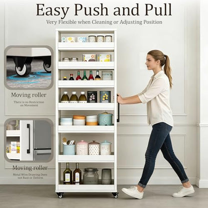 Rolling Spice Rack Next To Side Of Fridge Storage Slim Narrow Shelf Lightweight 7 Tier Wooden Storage Cart For Kitchen , Dining Room, Bathroom, Small Spaces (White, 72.4"H x 9.8"W x 21.6"D) - color: White