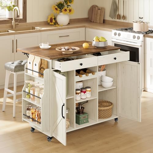 VASAGLE Mobile Kitchen Island with Drop Leaf, Portable Island with Spice Rack, Mobile Cart with Storage Cabinet, 17.7-28.7 x 49.3 x 36 Inches, for Dining Room, Rustic White and Honey Brown UKKI012W01 - color: Rustic White + Honey Brown, size: 28.7"d x 49.